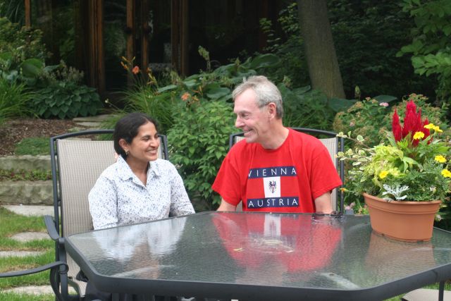 Thamayanthi and Mike chatting in our back garden.