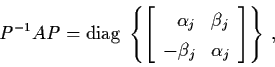 \begin{displaymath}P^{-1} AP = {\rm diag} \; \left\{ \left[ \begin{array}{rl}
\a...
... \\ - \beta_{j} & \alpha_{j}
\end{array} \right] \right\} \, ,
\end{displaymath}