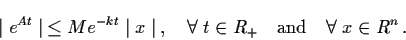 \begin{displaymath}\mid e^{At} \mid \, \leq Me^{-kt} \mid x \mid \, , \quad
\for...
...t \in R_{+} \quad \mbox{and} \quad \forall \; x
\in R^{n} \, .
\end{displaymath}