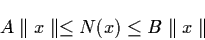 \begin{displaymath}A \parallel x \parallel \leq N (x) \leq B \parallel x
\parallel
\end{displaymath}