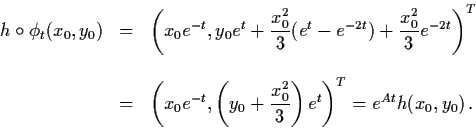 \begin{eqnarray*}h \circ \phi_{t} ( x_{0}, y_{0}) & = & \left( x_{0} e^{-t} ,
y_...
...{2}}{3} \right) e^{t} \right)^{T} = e^{At} h
(x_{0}, y_{0}) \, .
\end{eqnarray*}