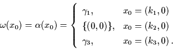 \begin{displaymath}\omega (x_{0}) = \alpha (x_{0}) = \left\{ \begin{array}{ll}
\...
... \\
\gamma_{3}, & x_{0} = (k_{3}, 0) \, . \end{array} \right.
\end{displaymath}