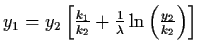 $y_{1} = y_{2} \left[ \frac{k_{1}}{k_{2}} +
\frac{1}{\lambda} \ln \left( \frac{y_{2}}{k_{2}} \right)
\right]$