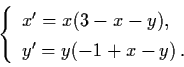 \begin{displaymath}\left\{\begin{array}{l}
x' = x(3-x-y), \\
y' = y(-1 +x-y) \, . \end{array} \right.
\end{displaymath}